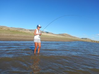 Granny Currier flyfishing for mirror carp
